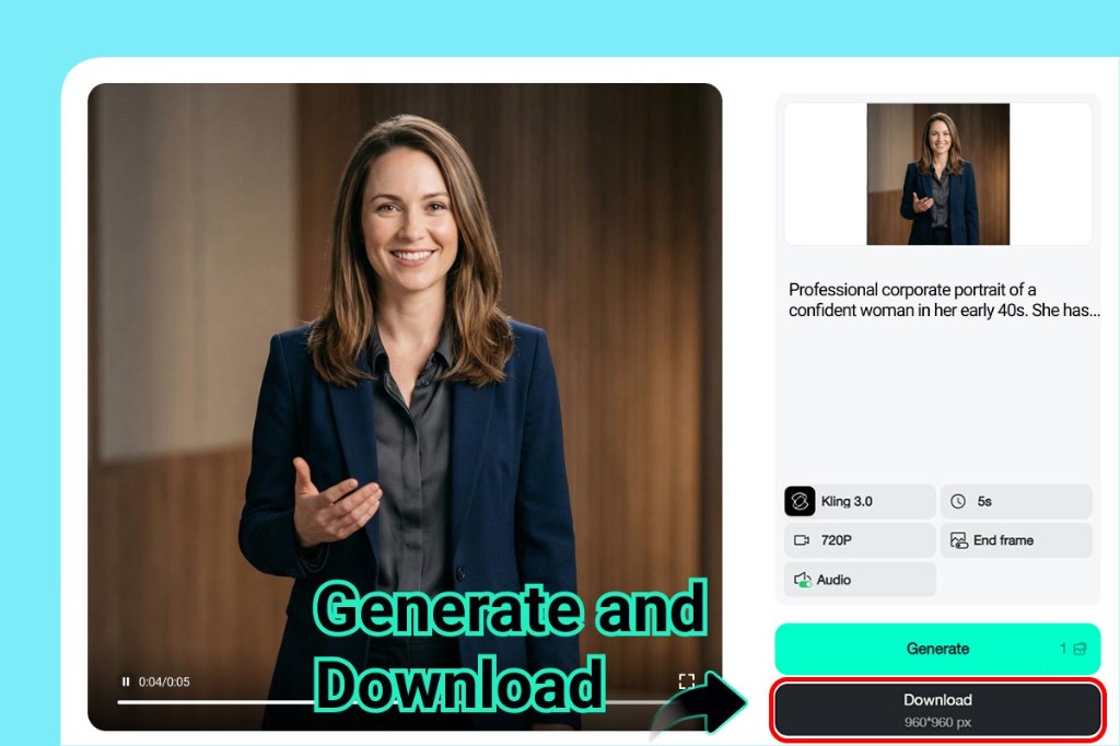 Preview of presenter video with Generate and Download buttons highlighted.