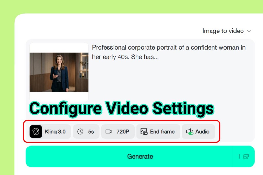 Settings bar showing model selector, duration 5s, 720P, end frame, and Audio options.