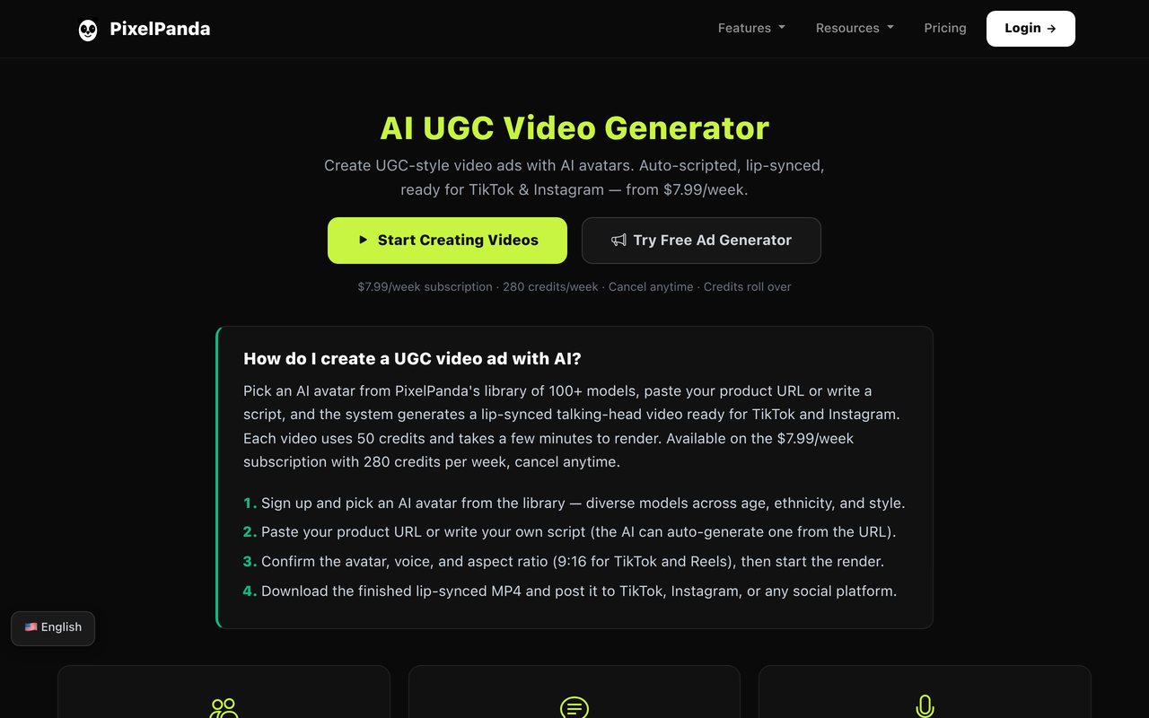 PixelPanda homepage showing the AI UGC video generator interface