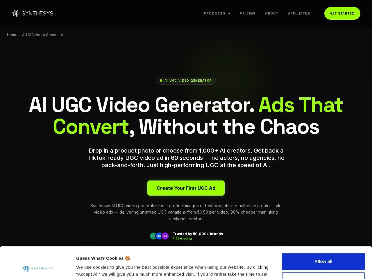Synthesys homepage showing the AI UGC video generator interface