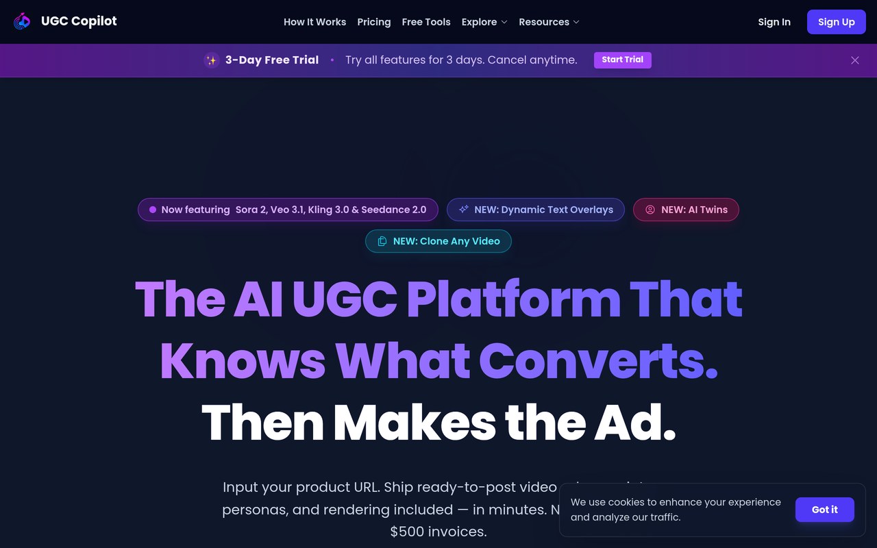 UGC Copilot homepage showing the AI UGC video generator interface